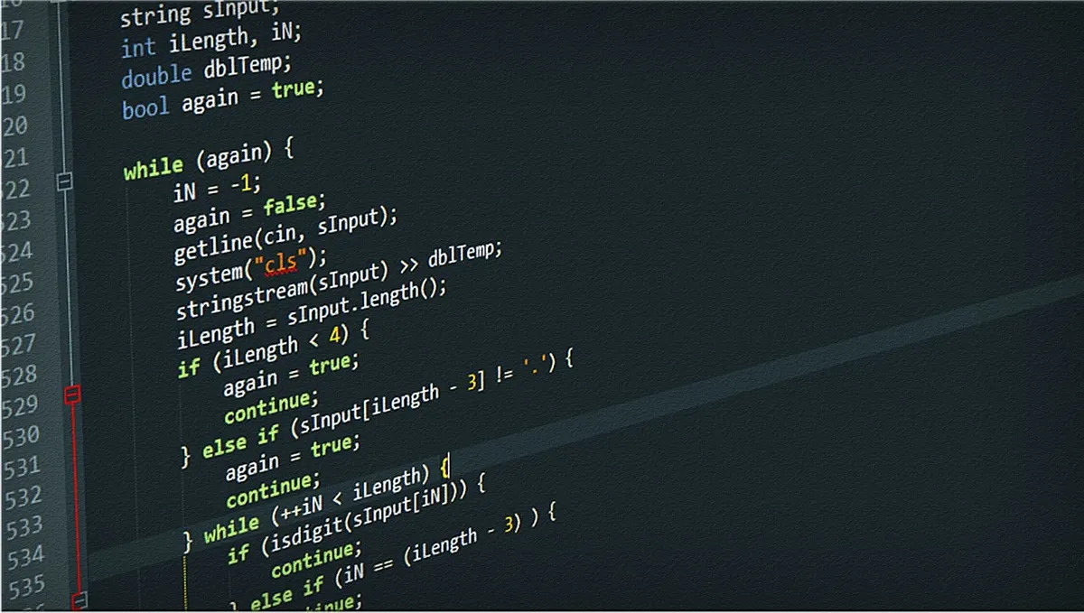 Close-up of source code on a screen illustrating web application architecture